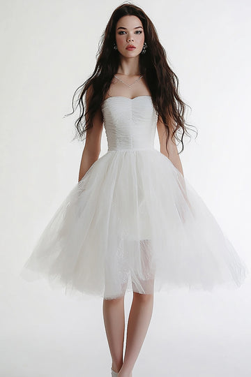 White A Line Midi Party Dress With Tulle